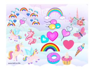 beautiful rainbow unicorn valentine's day cut out sheet for kids to create a scene, collage or card.