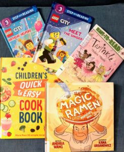 images of 5 books: magic ramen, children's quick and easy cookbook, twinkle makes music, LEGO CiTY Meet the singers!, LEGO CiTY Birthday Helpers