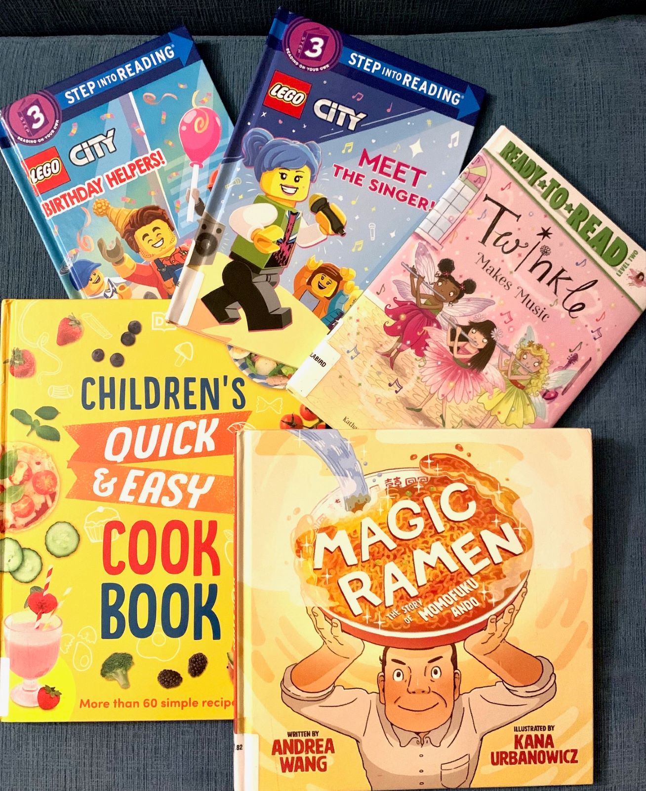 images of 5 books: magic ramen, children's quick and easy cookbook, twinkle makes music, LEGO CiTY Meet the singers!, LEGO CiTY Birthday Helpers